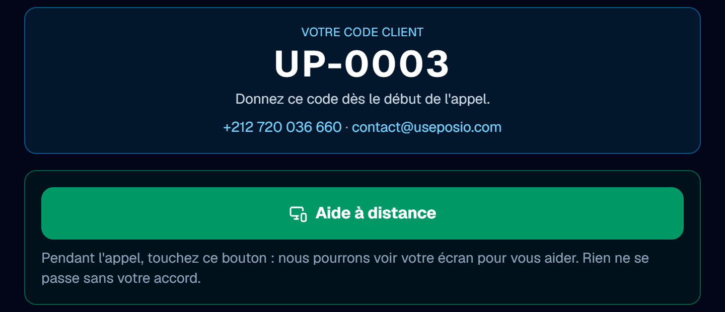 Écran Assistance de la caisse UsePosio : le code client UP-0003, le téléphone et l'adresse de contact, puis le bouton vert Aide à distance