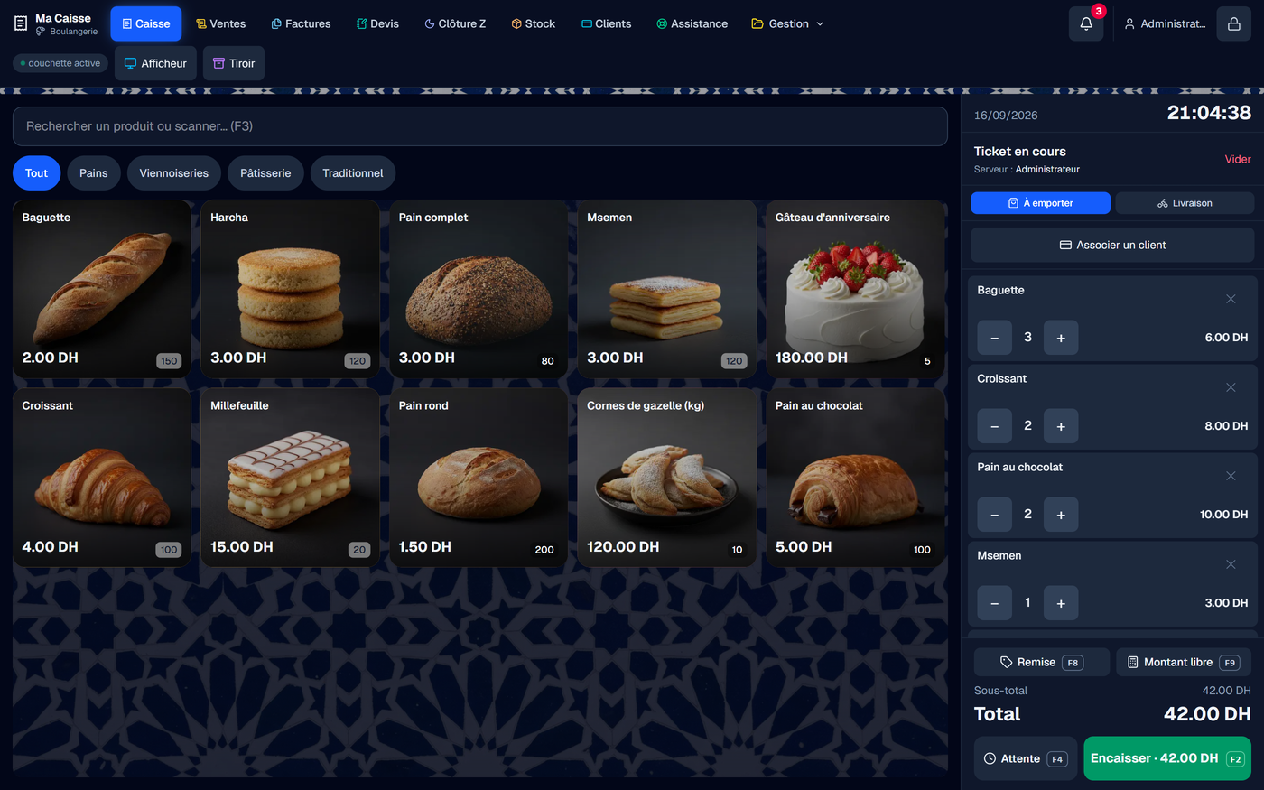 Écran d'encaissement UsePosio : grille de produits tactile à gauche, ticket en cours et total à droite